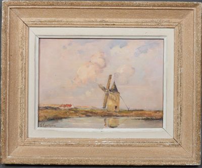 une image représentant un tableau d'un moulin à vent dans un champ