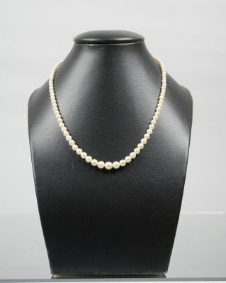 a white pearl necklace on a black mannequin