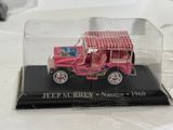 a pink jeep in a clear case on a table