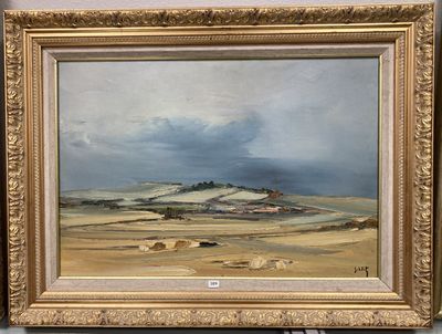 une peinture à l'huile représentant un paysage avec une colline au loin