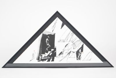 a black and white photo of a triangle with a drawing on it