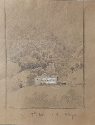 un vieux dessin représentant une maison dans un champ, avec des arbres en arrière-plan
