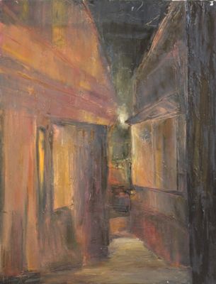 an oil painting of a street at night with a light on