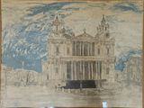 drawing of a large building with a clock on the front of it