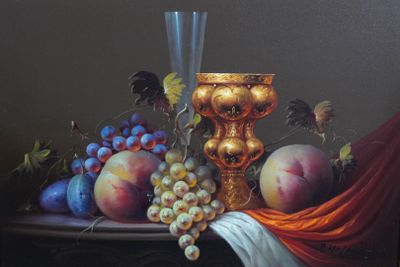 a painting of a still life with fruit and a gold goblet