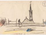 drawing of a person walking in front of a church with a car in the foreground