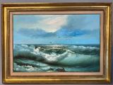 an oil painting of a boat in the ocean with birds flying over it