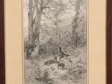 an image of a drawing of a deer and a dog in a wooded area