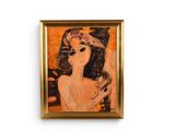 tableau représentant une femme coiffée d'un chapeau et tenant une cigarette, dans un cadre doré