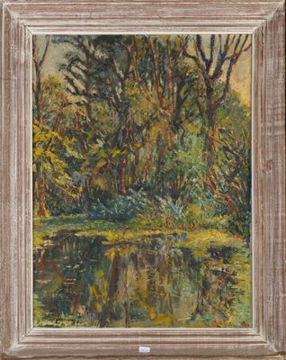 une peinture d'une rivière avec des arbres en arrière-plan
