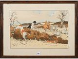 painting of a group of dogs chasing a fox in a field
