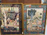 deux tableaux encadrés représentant des personnes dans un jardin avec des arbres et des fleurs