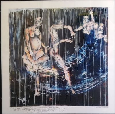 tableau représentant une femme assise dans une mare, avec d'autres personnes en arrière-plan