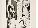 un dessin en noir et blanc représentant un homme avec un chien