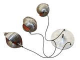 three metal lamps on a white background with a wire attached to them