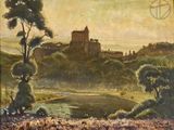 une vieille peinture représentant un château sur une colline, avec un lac au premier plan