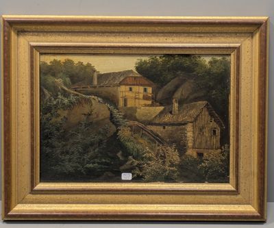 a painting of a village scene with a bridge and buildings