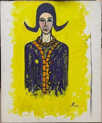 painting of a woman with a hat and a tie on a yellow background