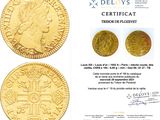 two different types of gold coins with a certificate in front of them