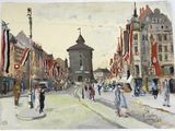 une peinture de personnes marchant dans la rue avec des parapluies