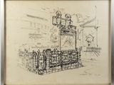 drawing of a drawing of a clock on a fence in front of a building