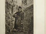 dessin représentant un homme en manteau de fourrure promenant son chien dans une rue