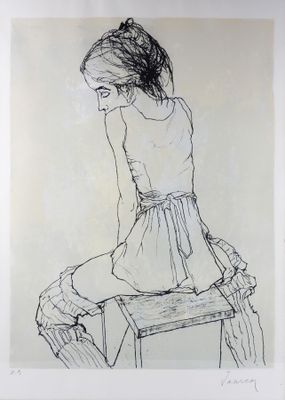 drawing of a woman sitting on a stool with her legs crossed