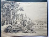 an old drawing of a castle on a hill with trees