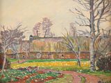 a painting of a house in the middle of a field