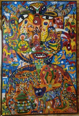 an image of a painting of a man with many faces on it