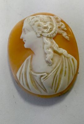 carved cameo of a woman in a white dress on a white surface