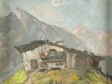 an oil painting of a house on a hill with a mountain in the background