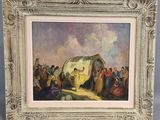 un tableau représentant un groupe de personnes rassemblées autour d'une tente