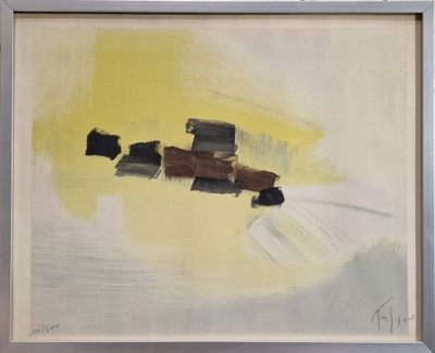 une image représentant une peinture d'un train sur un fond jaune et blanc