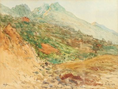 une image représentant un tableau d'une montagne avec une vallée au premier plan