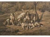 une image représentant un tableau où l'on voit un groupe de chiens dans un environnement boisé