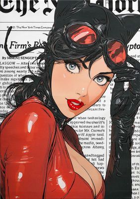painting of a woman in a cat suit and goggles on a newspaper