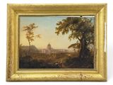 un tableau représentant un paysage avec une église au loin