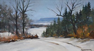 une peinture à l'huile représentant une route enneigée avec des arbres au premier plan
