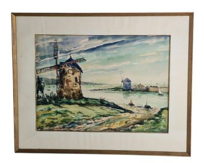 framed watercolor painting of a windmill on a hill overlooking a body of water