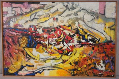peinture représentant un tableau de fleurs dans un vase posé sur une table