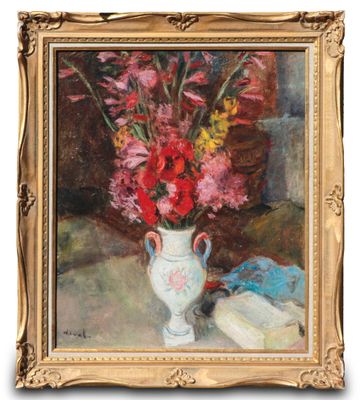 an oil painting of a vase with flowers in it on a table