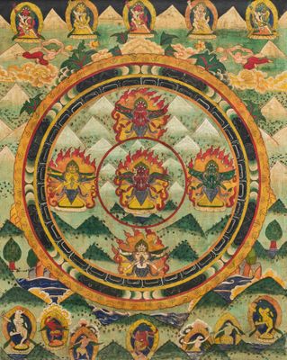 une image représentant une peinture illustrant la roue de la vie accrochée au mur