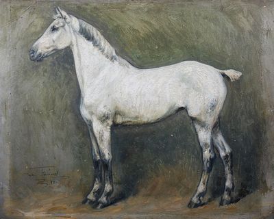 une peinture à l'huile représentant un cheval blanc debout devant un mur