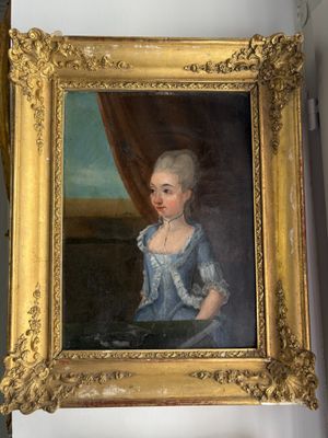 painting of a young girl in a blue dress in a gold frame