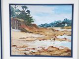 a painting of a dog on the beach by the water