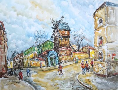 une peinture représentant un moulin à vent au bord de la route