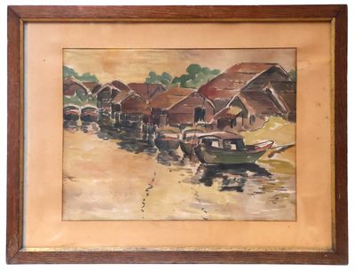 tableau représentant une scène de village avec des bateaux et des maisons au bord de l'eau