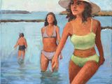 tableau représentant une femme en bikini et coiffée d'un chapeau, marchant dans l'eau