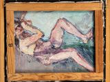 an oil painting of a nude woman laying down on a bed